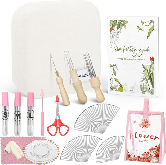 NFAMRZCAR Needle Felting Pad,Thick and Firm Needle Felting Mat Natural Wool Felting Mat with 110 Needle 3 Needle Wood Handles 1 Clean Cloth,Clear Instruction (New 6 * 6inch)