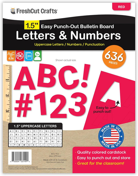 FreshCut Crafts 636 Pcs 1.5 in. Red Bulletin Board Letters & Numbers, Capital Alphabet, Numbers, Punctuation, US Made Card Stock Punch Out Letters for Posters, Bulletin Boards, Classroom