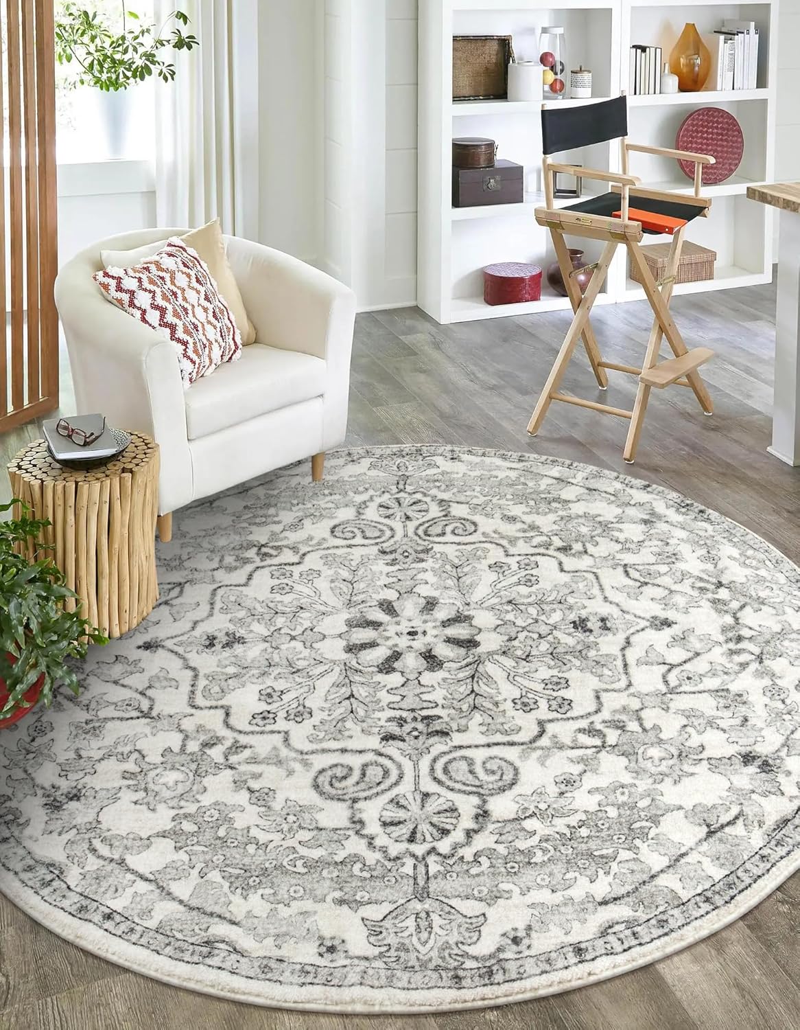 Lahome Bohemian Washable Round Rug, Large Round Rugs 6ft Non Slip Circle Rugs for Living Room, Soft Non Slip Non Shedding Printed Indoor Carpet for Dining Bedroom Kitchen Office, Beige