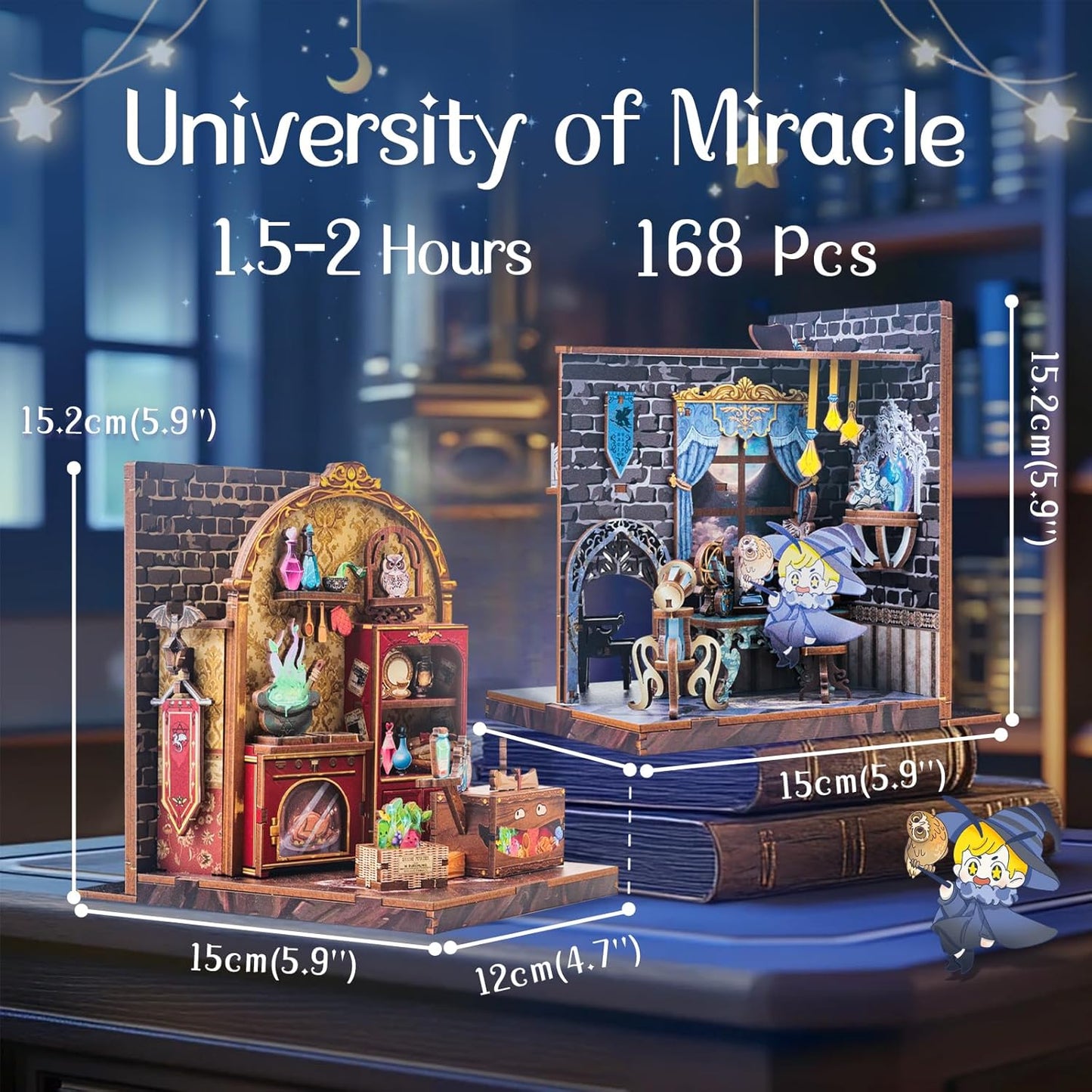 Cutefun 2Pcs Book Nook Kit, DIY 3D Wooden Puzzles for Adults and Teens, Bookends Decorative for Shelves Book Nook Kits for Adults, Bookshelf Decor Gifts for Friend (University of Miracle)