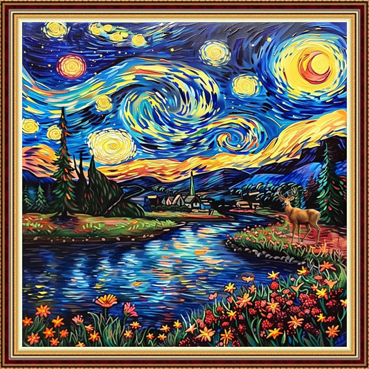 Hopeart Stamped Cross Stitch Kits for Beginner Embroidery Kits for Beginners Adults DIY 11CT Cross Stitch Patterns Needlepoint Kits Crossstitching Kits-Van Gogh Starry Sky Flower Sea 18x18 inch