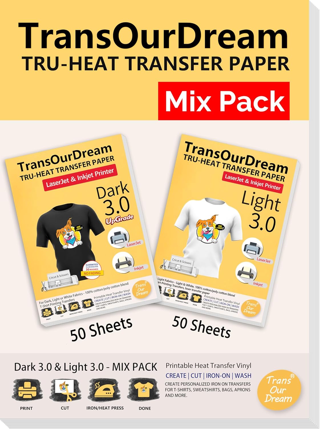 TransOurDream Tru-Heat Transfer Paper for T Shirts (50+50 Sheets, 8.5x11", Mix Pack) Printable Heat Transfer Vinyl for Dark & Light Fabrics Iron on Transfers for Laserjet & Inkjet Printer