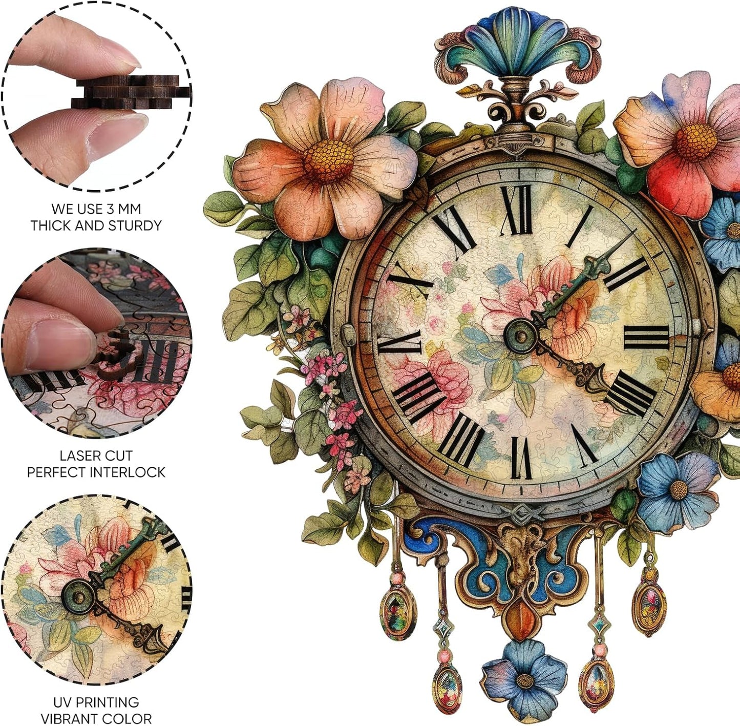 Wooden Jigsaw Puzzles, Flower Clock Wooden Puzzles for Adults 200 Pieces, Unique Shaped Wood Puzzle, Beautiful Package, Best Gift for Adults and Kids, Family Game,12.2'' x 10.6''