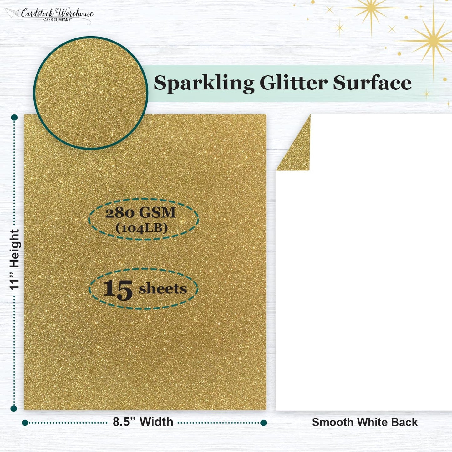 Cardstock Warehouse Diamond Print Inkjet Glitter - Premium Gold Glitter Cardstock Paper – 15 Sheets, 8.5 x 11" - 104 lb/280 GSM for Inkjet Printing, Die-Cutting, Card Making, Crafts, and DIY Projects
