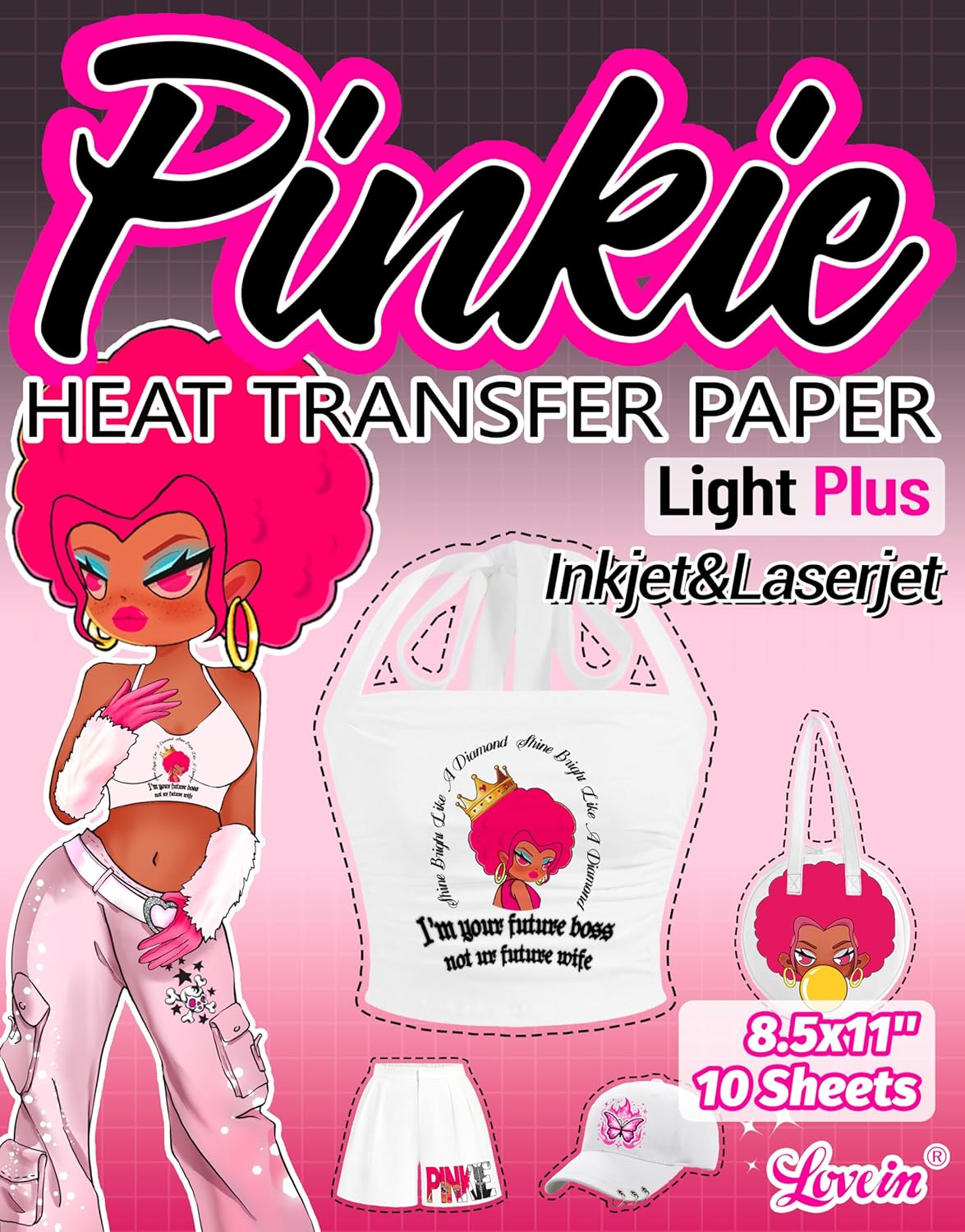 Lovein Pinkie Iron on Heat Transfer Paper for T Shirts (10 Sheets, 8.5x11'', Light Plus) Printable Heat Transfer Vinyl for Laserjet & Inkjet Printer Iron on Transfers Paper for Light Fabric (PK-L3-10)