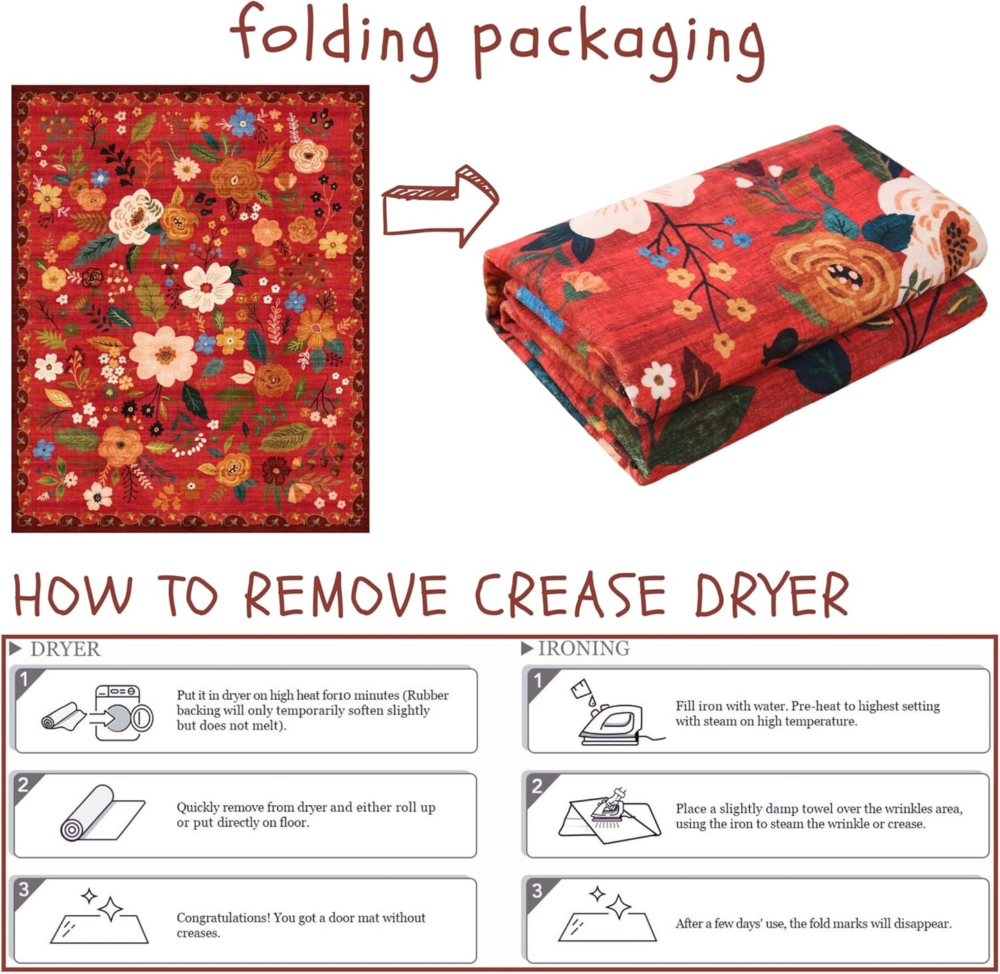 Rugcomf Door Mat Indoor Entrance 2x3 Rug Machine Washable Boho Floral Small Area Rug Non-Slip Low Pile Throw Rugs for Entryway, Kitchen, Front Door Indoor Entrance, Entry, Kids Room (Red)