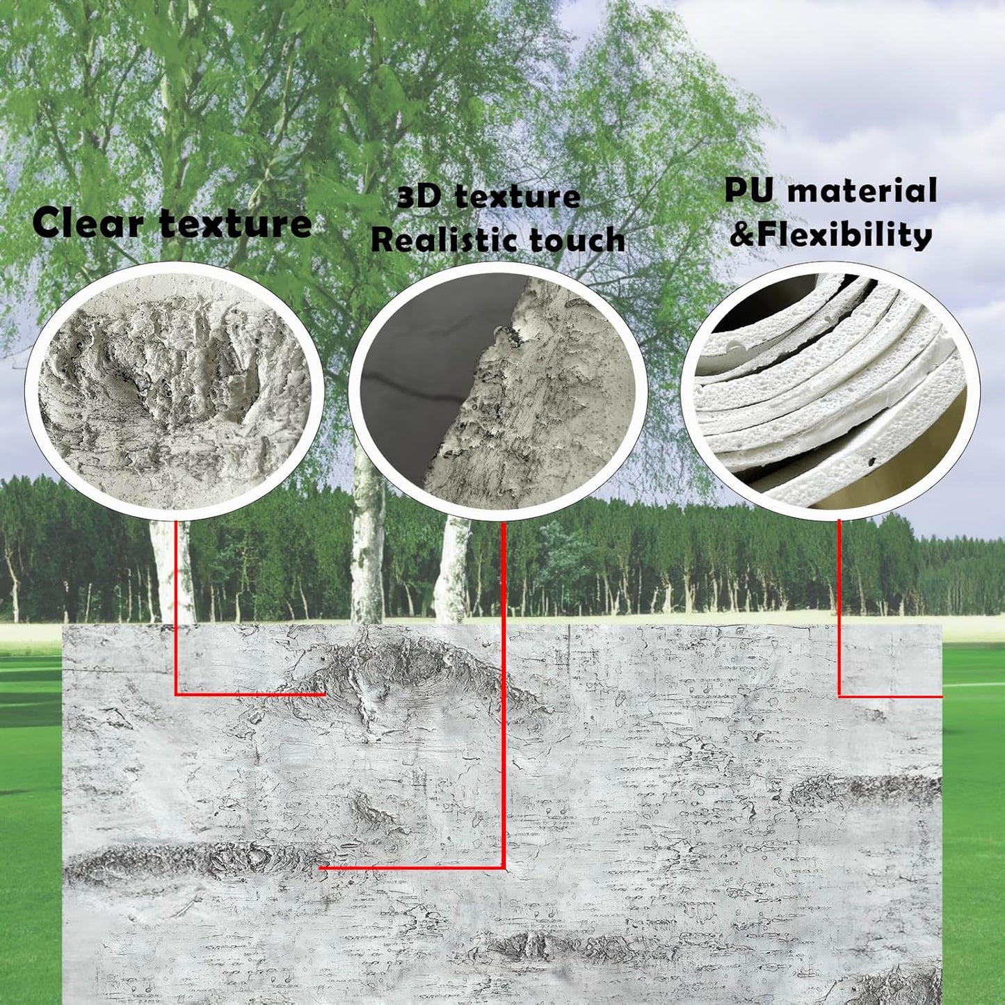 Artificial Birch Bark 3D Realistic Texture 78.7in*19.7in（10.8 Sq.ft）Silicone Material Faux Tree Bark Nature-Inspired DIY Design Eco-Friendly Home Deco Accentuating Natural Beauty （No glue included）