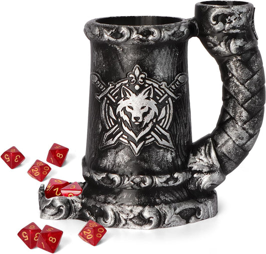 Mug Dice Tower - Dice Rolling Tower,(7PCS D20 Dice Set Included) for DND Gift and Dungeons and Dragon, Tabletop Games, Drink Holder, Tavern Style Board Game Roller (Black)