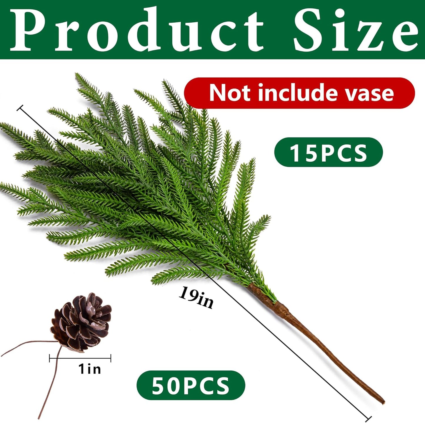 Watayo 15 Pcs Christmas Norfolk Pine Branches with Pine Cones, 19" Extra Length Fake Greenery Norfolk Pine Stems Sprigs, Artificial Xmas Branches Plants Pine Leaves for DIY Craft Garland Home Decor