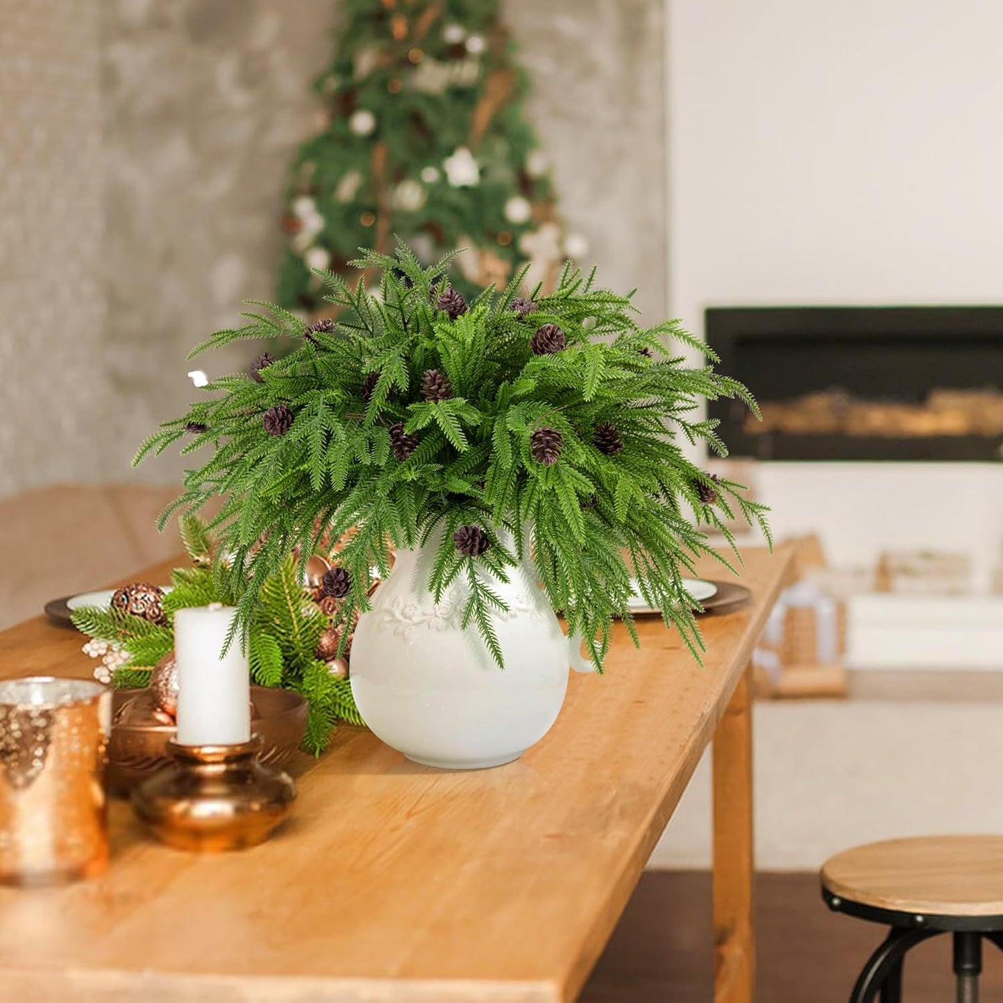 Watayo 10 Pcs Christmas Norfolk Pine Branches with Pine Cones, 19" Extra Length Fake Greenery Norfolk Pine Stems Sprigs, Artificial Xmas Branches Plants Pine Leaves for DIY Craft Garland Home Decor