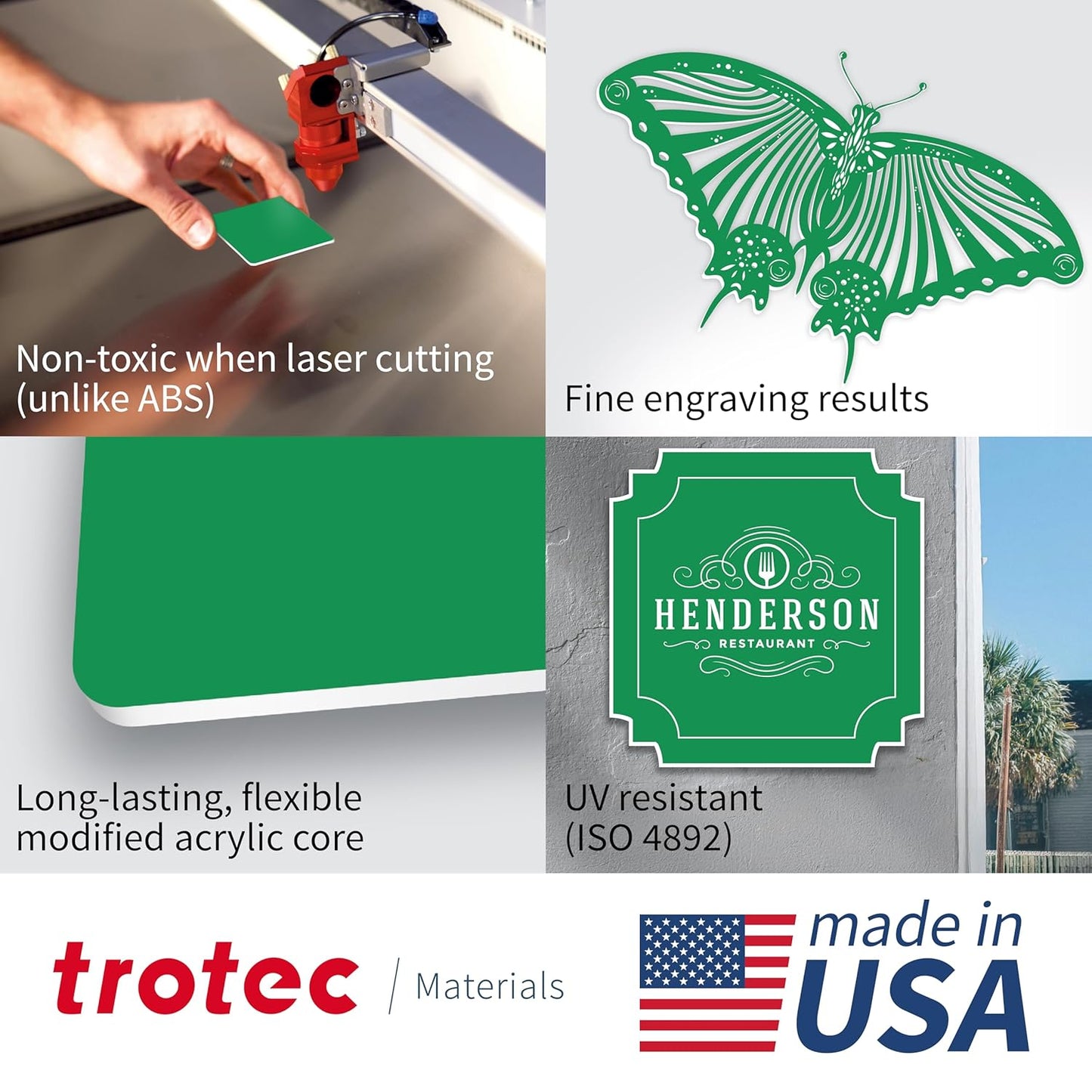 Trotec TroLase | 12"x20"x1/16", 4 Pcs | Bright Green/White | 2 Ply | Modified Acrylic | Laser Engraving Double Color Plastic Sheet | Engraving Blanks for Laser, Saw, Guillotine | Made in USA