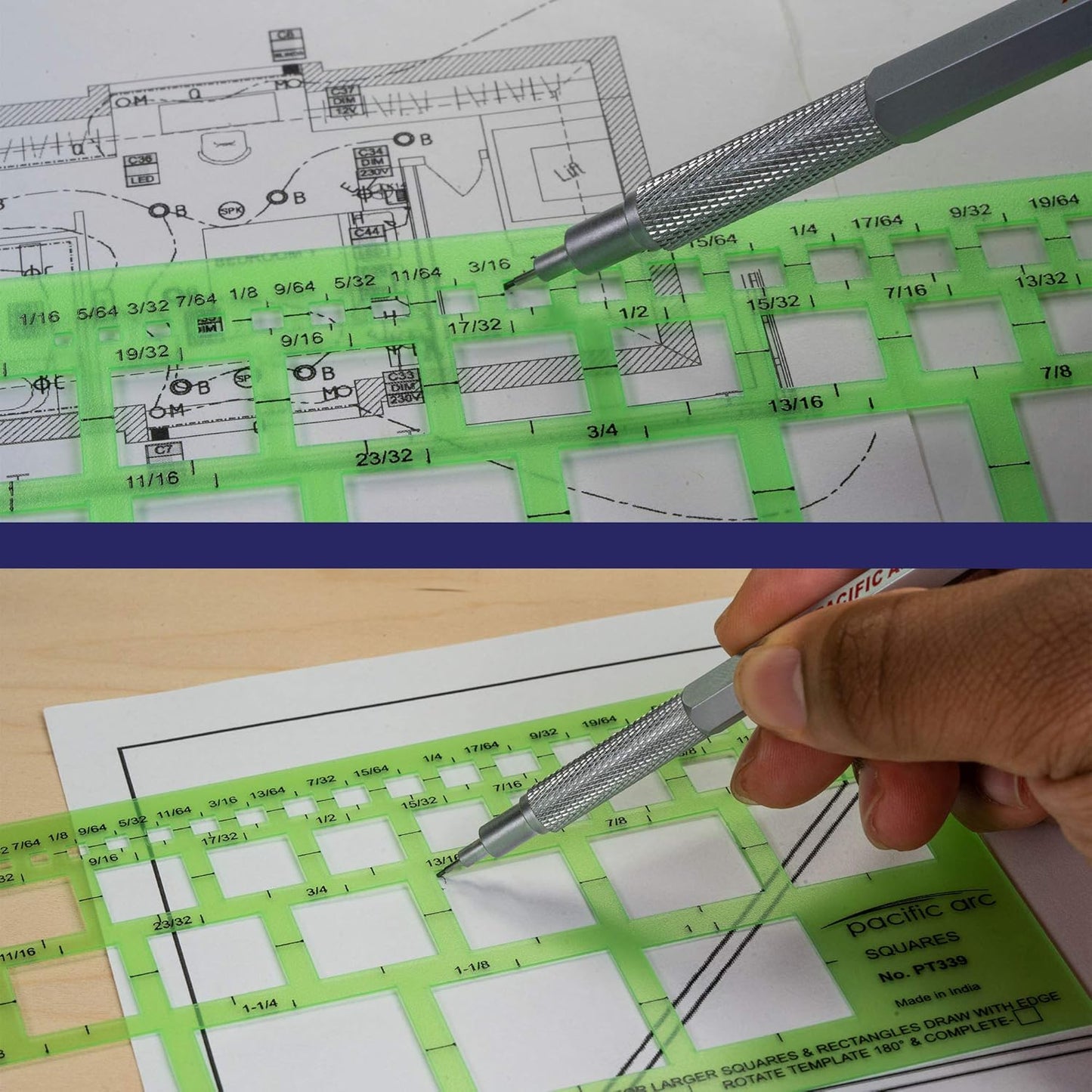 Pacific Arc Squares Template Guide, 39 Squares ranging from 1/16 inch to 1 and 3/8 inch