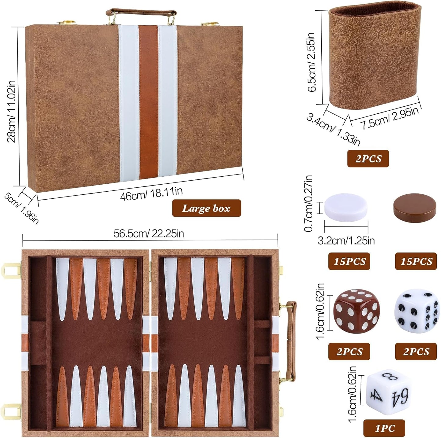Backgammon Set 2 Players Classic Backgammon Sets for Adults Board Game with PU Leather Case Portable and Travel Backgammon Set (Retro Brown, 18inch)