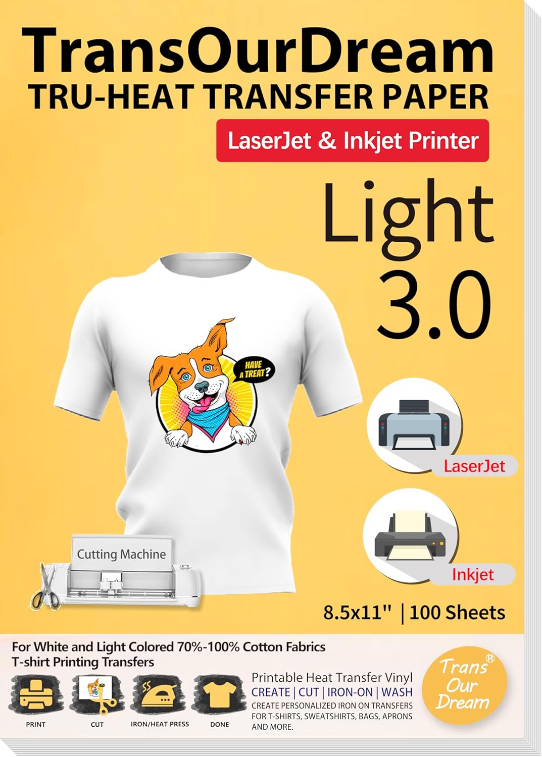 TransOurDream Tru-Heat Transfer Paper for Inkjet & Laserjet Printer (100 Sheets 8.5x11", 3.0) Printable HTV Heat Transfer Vinyl for T Shirts Iron On transfers for Light Fabrics (TRANS-L3-1-100)