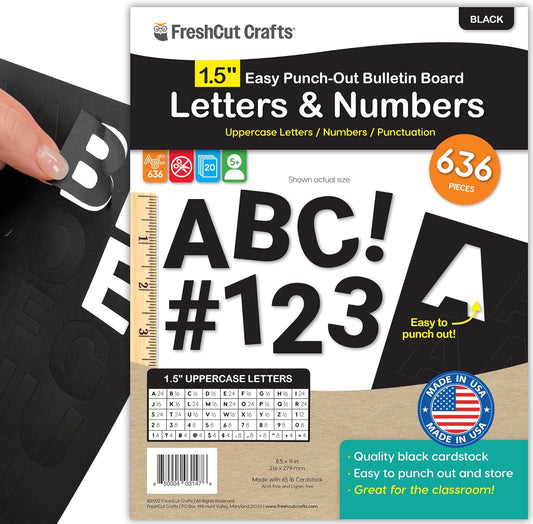 FreshCut Crafts 636 Pcs 1.5 in. Black Bulletin Board Letters & Numbers, Capital Alphabet Letters, Numbers, Punctuation, US Made Card Stock Punch Out Letters for Posters, Bulletin Boards, Classroom