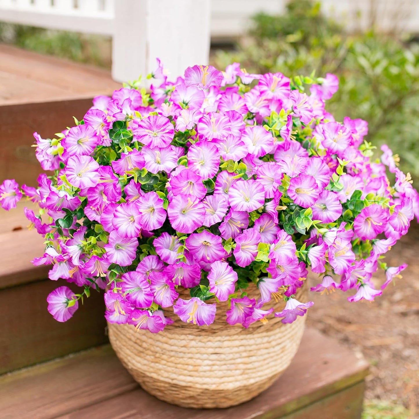 Artificial Flowers Fake Plants for Outdoors Decoration, 12 Bundles Purple Silk Morning Glory with Eucalyptus Realistic UV Resistant Faux Flowers Greenery for Outside Planter Yard Garden Home Indoor