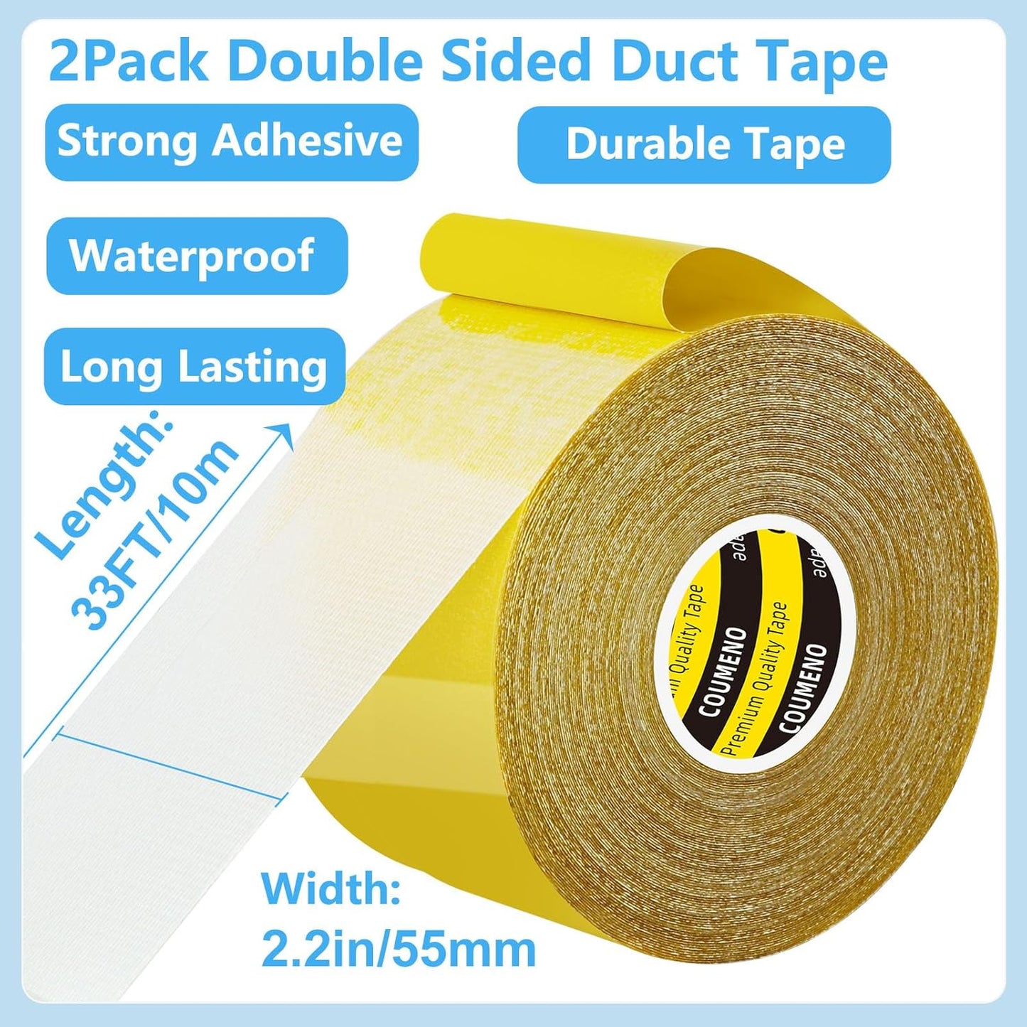 2 Pack Double Sided Tape Heavy Duty Strong Wall Adhesive with Fiberglass Mesh, Super Sticky Resistente Clear Tape, Easy Use Mounting Tape 2.2inX33FT