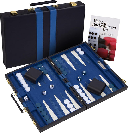 Get The Games Out Top Backgammon Set - Small Travel Size Classic Board Game Case - Best Strategy & Tip Guide (Blue, Small)