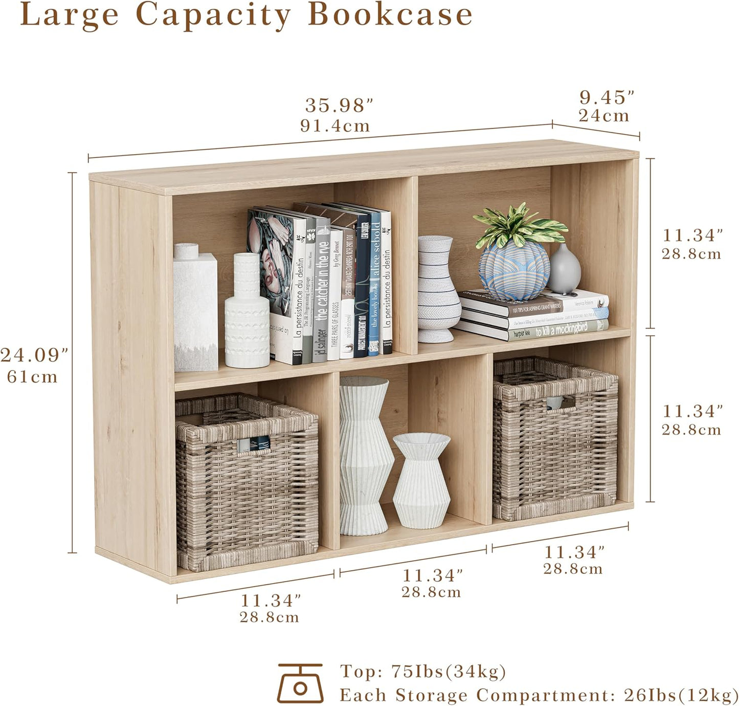 Wooden Cube Storage Organizer with Closed Back Panel, 11in Cube Shelf Opening, Bookshelf, Display Shelf,Closet Cabinet for Home and Office (White Oak, 5-Cube 35.98L*9.45W*24.09H)