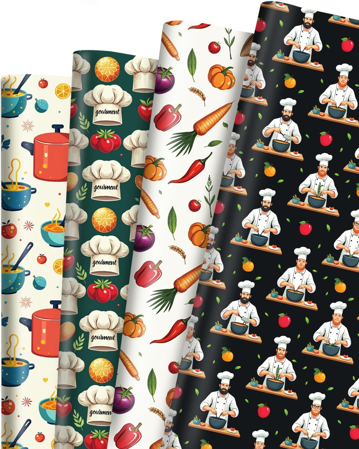 Pineraap 12 Sheets Chef Cooking Wrapping Paper, Vegetable Cooking Theme Gift Wrap Paper for Baker, Tomato, Chef Design Folded Flat Art Paper for Birthday, Kitchen Gifts, DIY Crafts, 19.7 x 27.6 Inch