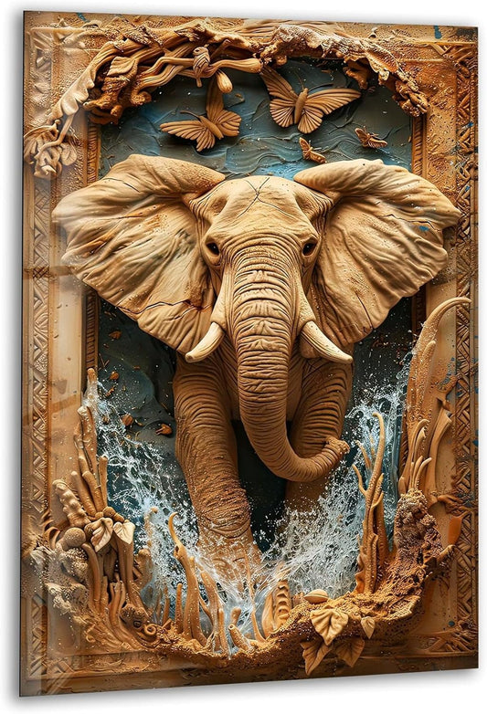 My Photostation.com 30Wx35.5H'' Elephant Carving Glass Wall Art Tempered Glass Printing Wall Decor Large Wall Art Wall Hangings