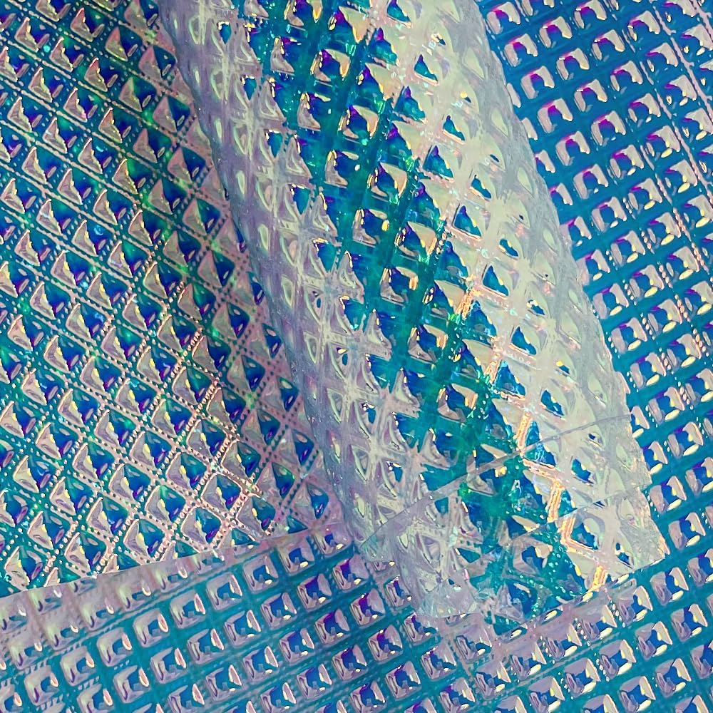 ONEART | Iridescent Transparent Embossed Vinyl Holographic Blue Clear PVC Vinyl Craft Film 16"×54" for Sewing DIY Projects-Diamond