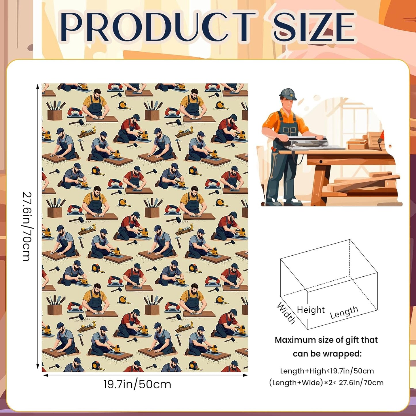 Pineraap 12 Sheets Carpenter Wrapping Paper, Woodworking Tools & Craftsman Printed Gift Wrap Decorative Craft Paper for DIY Projects, Birthdays, Father's Day, or Handyman Celebrations, 20 x 28 inch