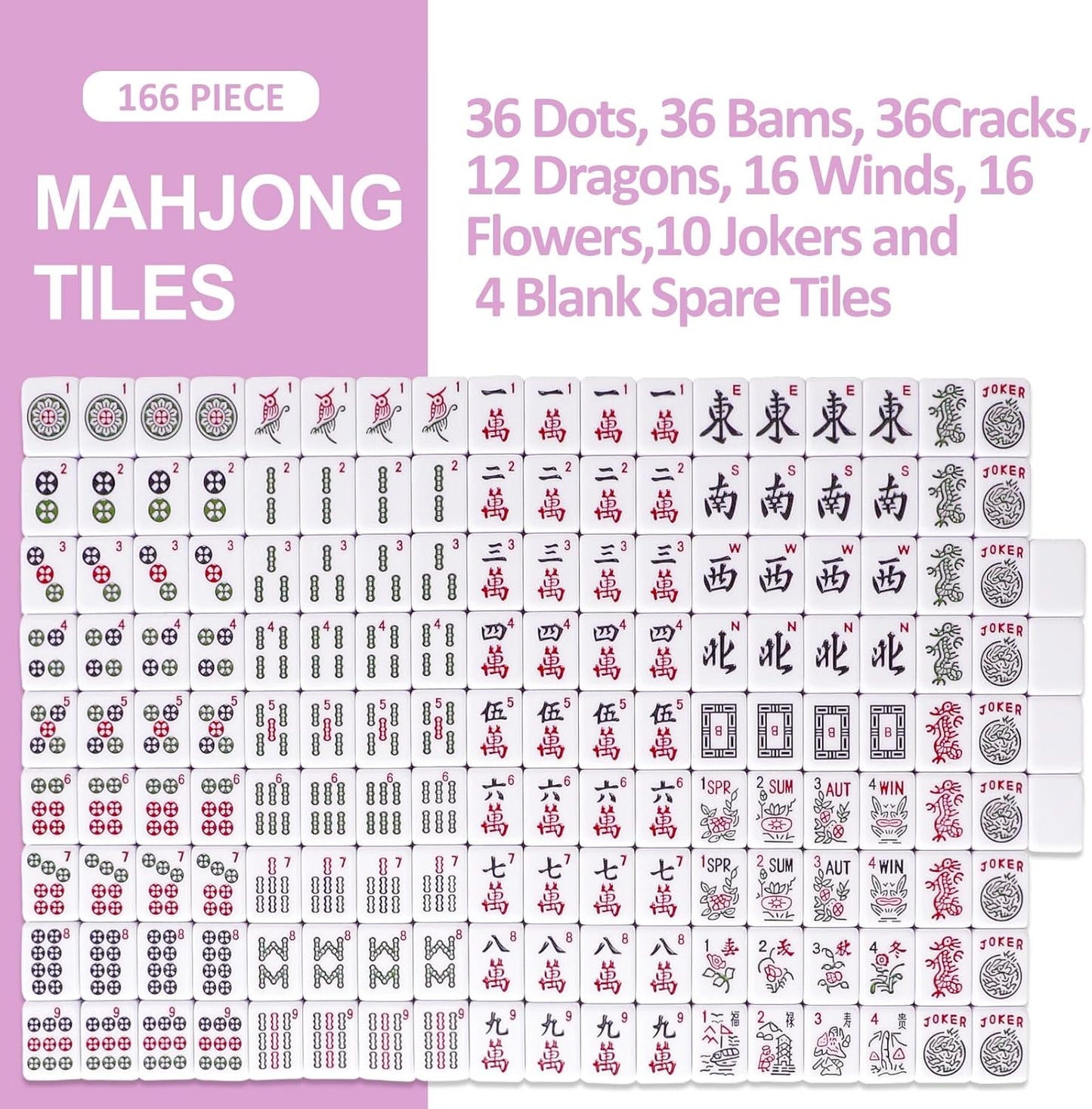 American Mahjong Tile Set with 166 Pink Back Tiles (1.2”, Tiles Only), Mahjong Game Set