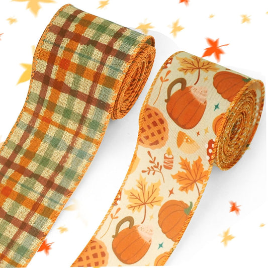 Threetols 2 Rolls 10 Yards Fall Wired Edge Ribbons, 2.5inch Orange Plaid Burlap Ribbon, Autumn Leaves Pumpkin Ribbon for Harvest Thanksgiving Party DIY Craft Fall Wreath Bow Decor