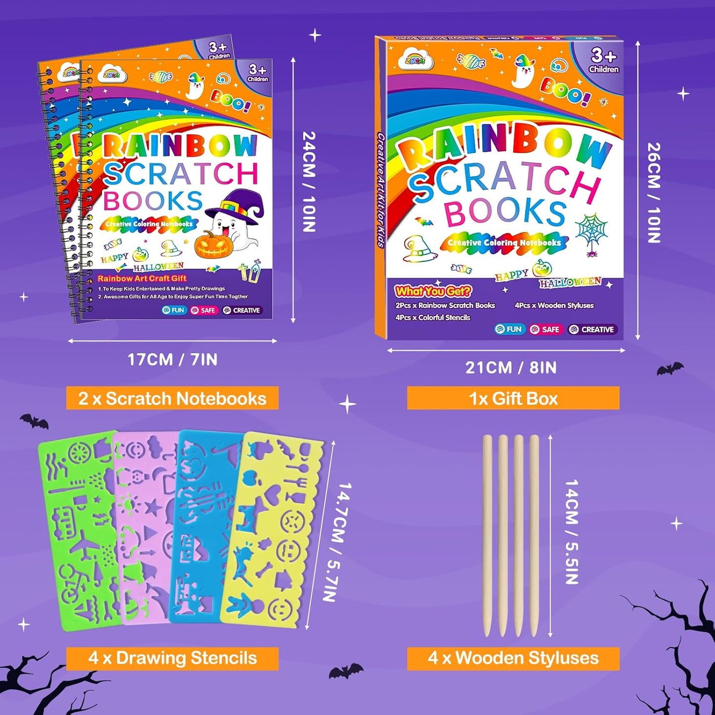 ZMLM Scratch Paper Art Craft: 2 Pack Rainbow Scratch Set for 3 4 5 6 7 8 9 10 Years Old Girls Boys Students Drawing Coloring Black Magic Art Supplies Kits Gifts School Birthday Party Toys(Halloween)