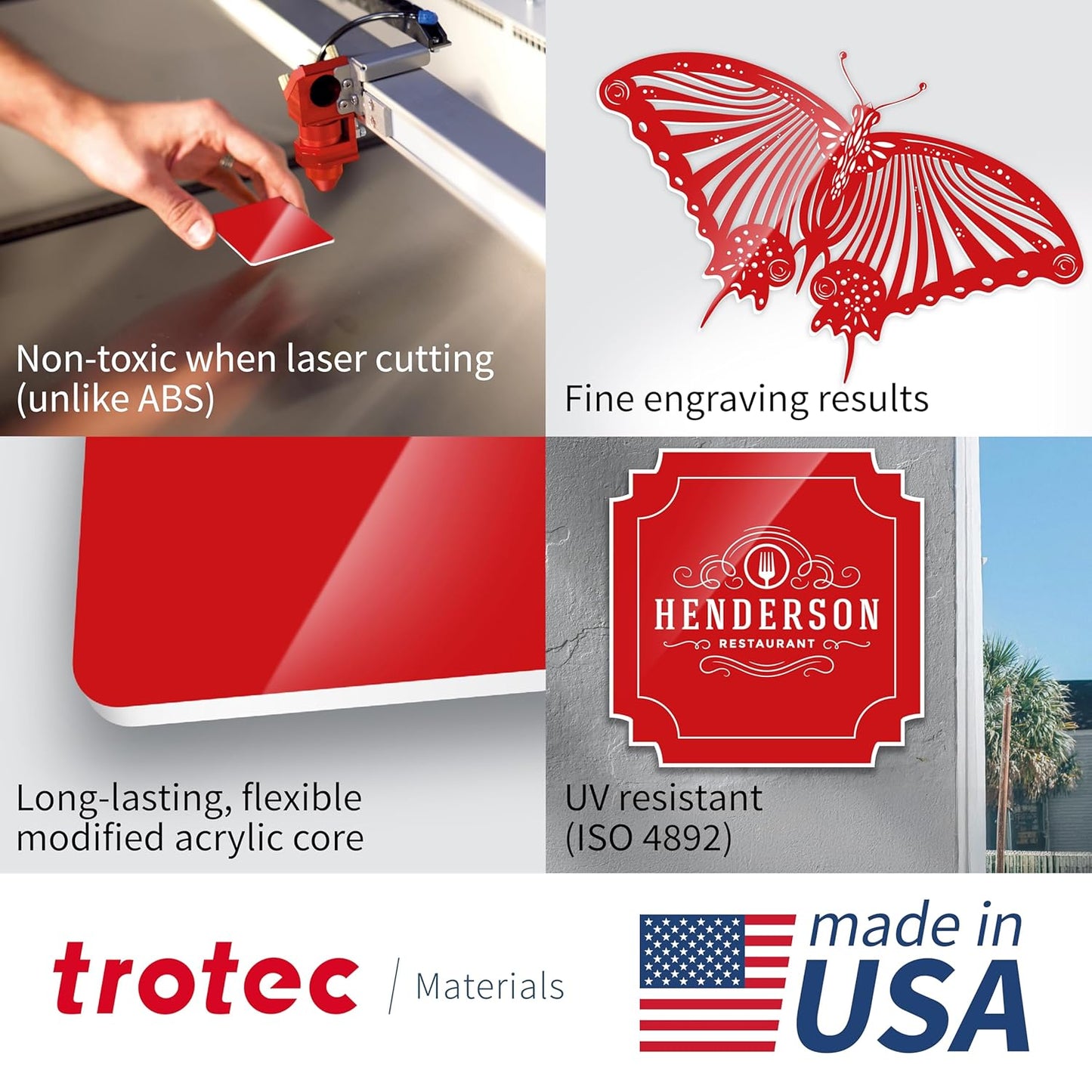 Trotec TroLase | 12"x24"x1/16", 4 Pcs | Gloss Red/White | 2 Ply | Modified Acrylic | Laser Engraving Double Color Plastic Sheet | Engraving Blanks for Laser, Saw, Guillotine | Made in USA