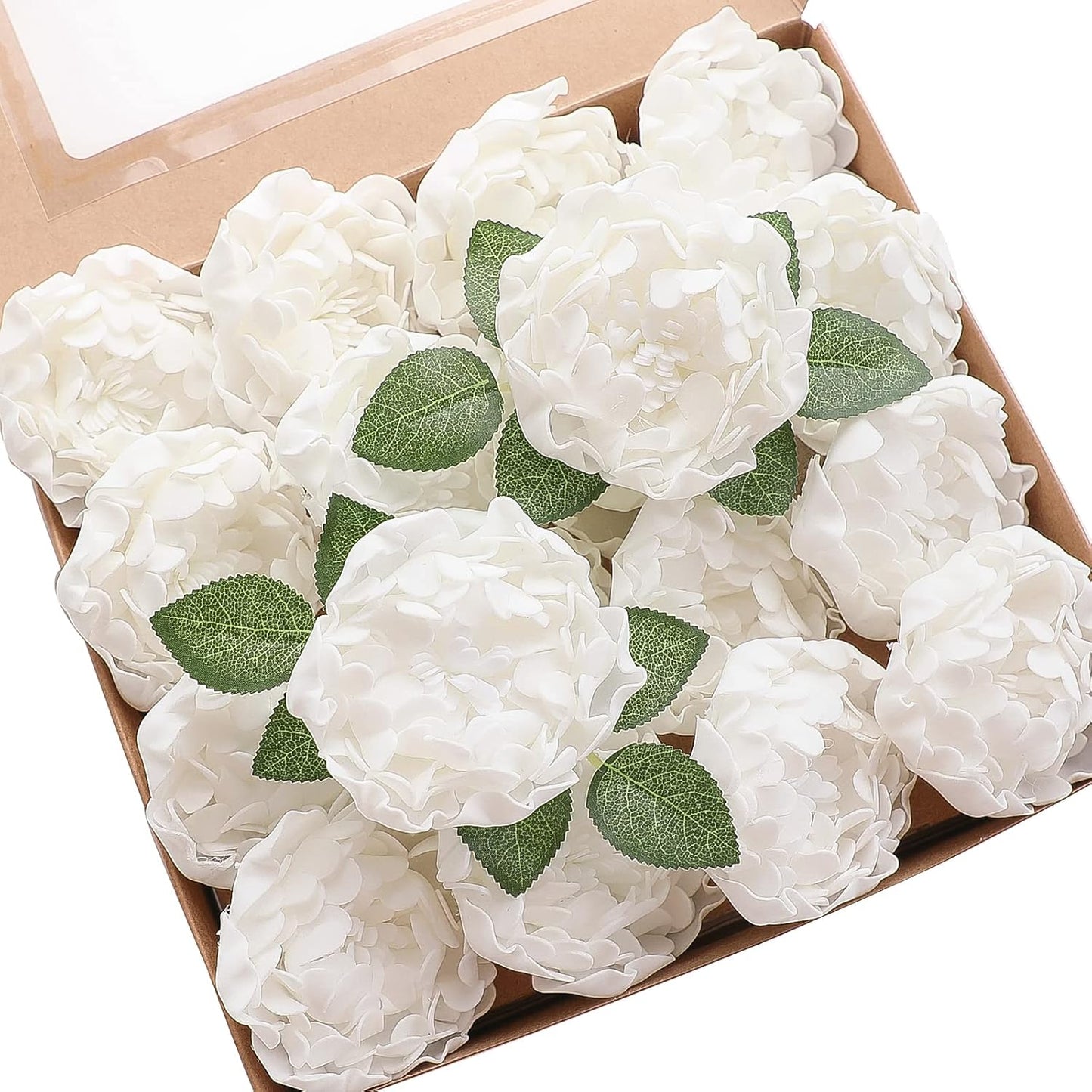 Floroom Artificial Flowers 16pcs 4" White Blooming Peonies Real Looking Foam Fake Peony with Stems for DIY Wedding Bouquets Bridal Shower Centerpieces Floral Arrangements Party Tables Home Decorations