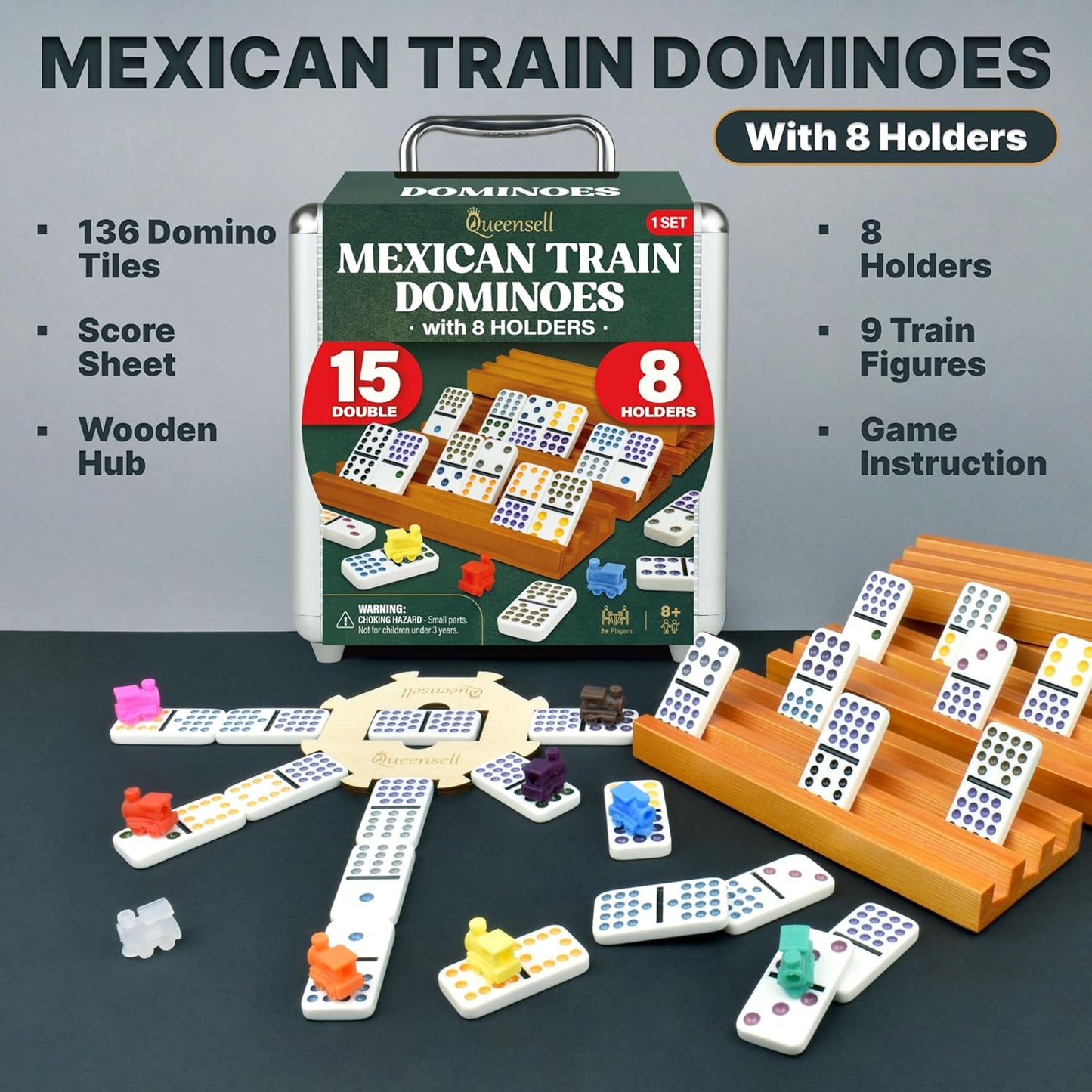 Queensell Mexican Train Dominoes Set Double 15 with 8 Holders - Wooden Hub and Tiles Holders - Double 15 with Dots (D15 + 8 Holders)