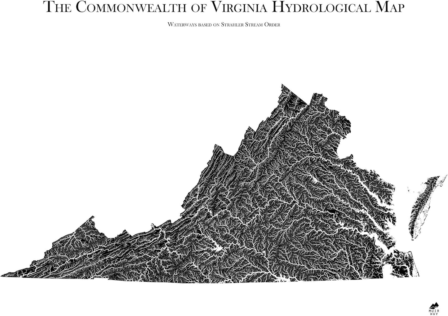Muir Way Hydrological River Map of Virginia - Watershed Topographic Wall Art for Home, Office, or Travel Decor - Unframed Flat Paper Print, 24x30