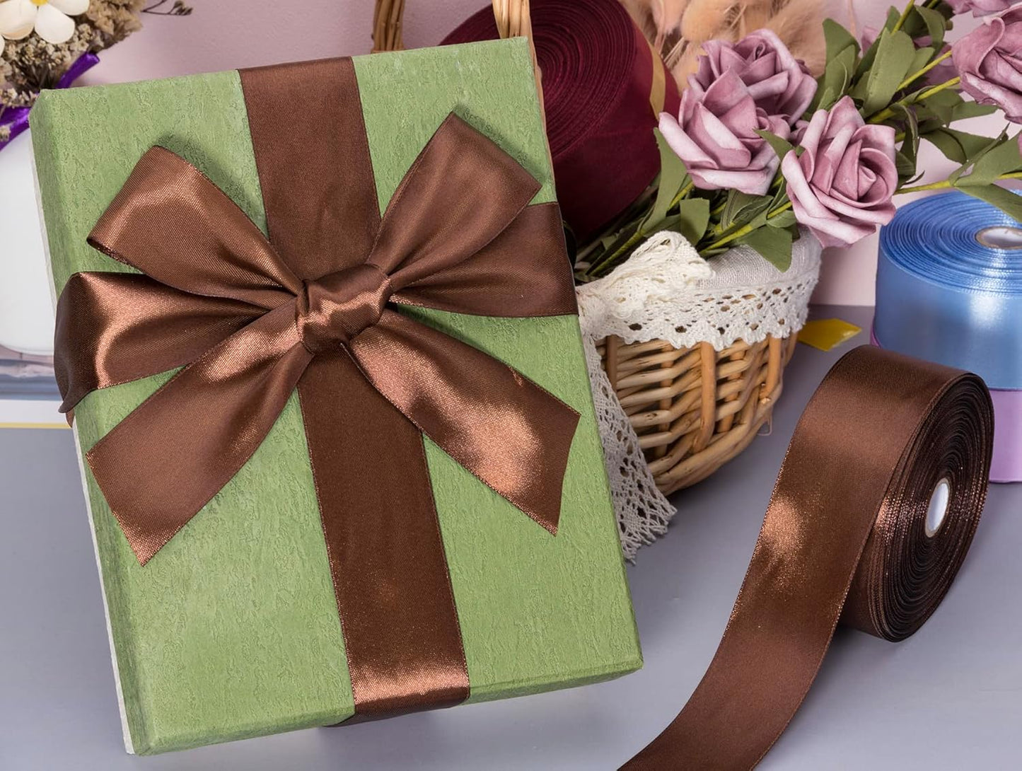 1 1/2 Inch Brown Solid Satin Ribbon, 50 Yards Craft Fabric Ribbon for Gift Wrapping Floral Bouquets Wedding Party Decoration