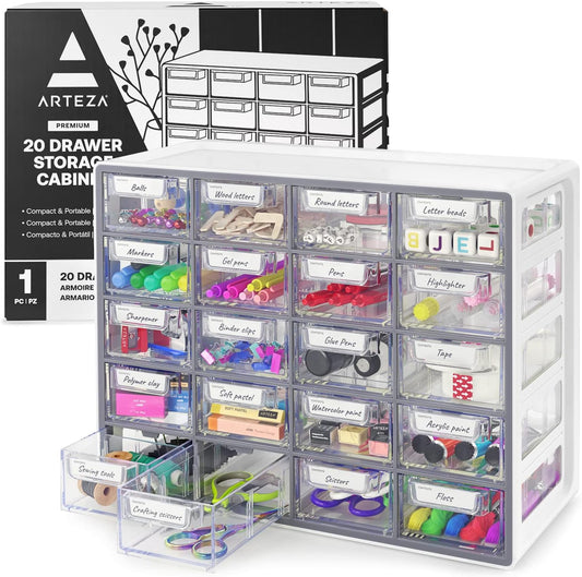 ARTEZA 20 Drawer Organizer and Storage Cabinet – Clear Plastic, Stackable Drawers for Makeup, Crafts, Sewing, Office Supplies, Small Parts & Tools