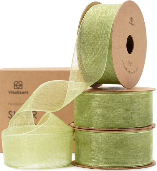Vitalizart Sage Green Ribbon Organza Sheer Ribbon 1 inch x 30 Yd Handmade Fabric Ribbons for Gift Wrapping Christmas Tree Crafts Bows Wedding Invitations Wreaths Wrap