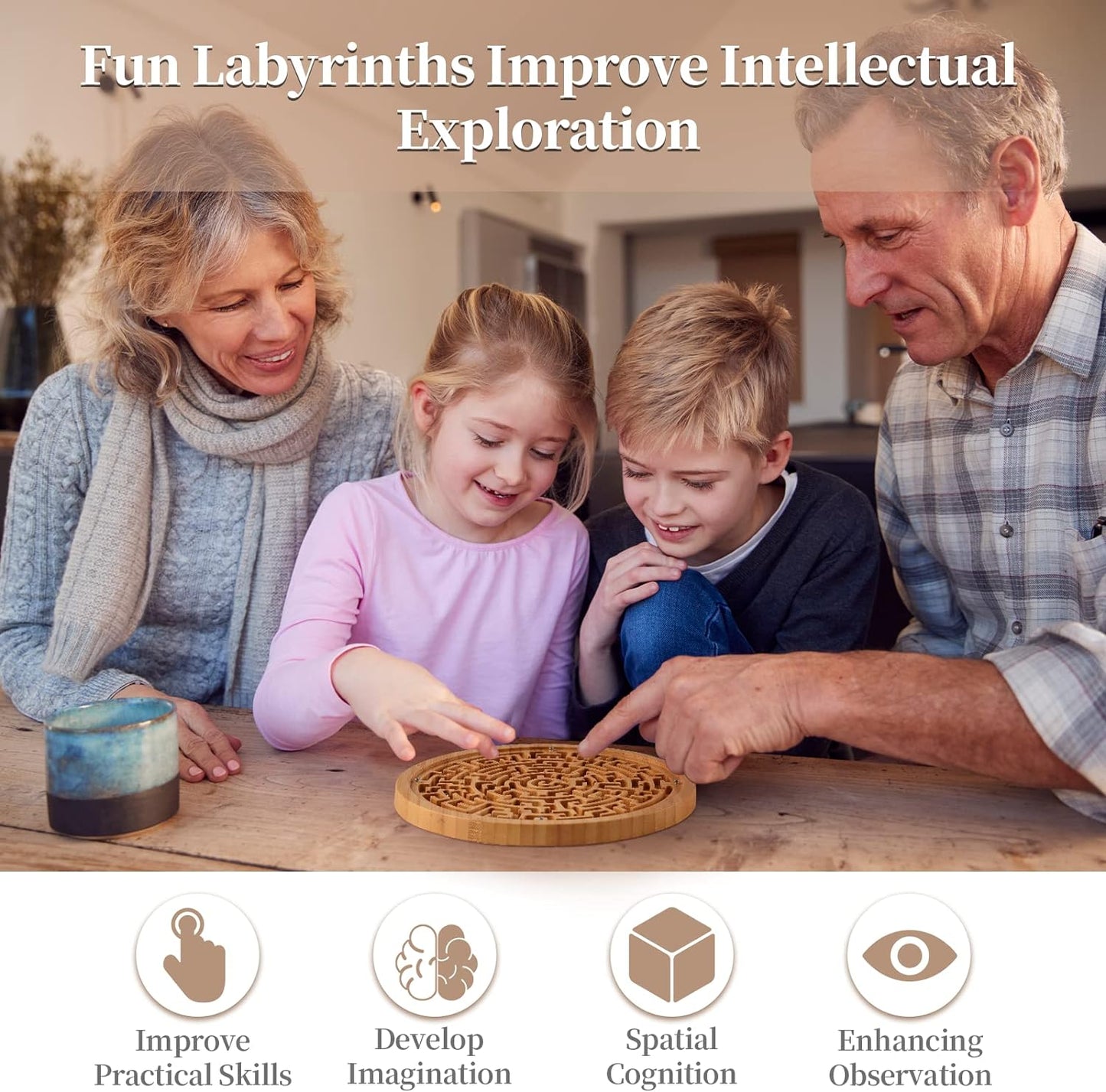 Round Wooden Labyrinth Board Game - Marble Maze for Education and Fun, Toddler Activity Board, Brain Teaser Puzzle Logic Game with Two Metal Balls for Kids, Adults, Teens, Boys, and Girls