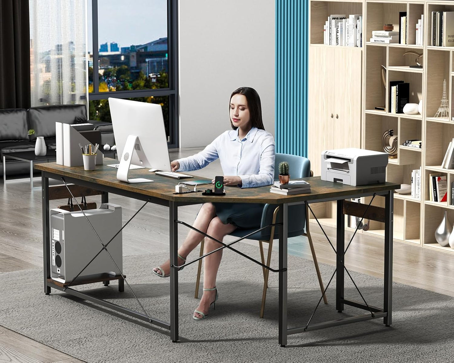 Coleshome 59" L Shaped Gaming Desk with Outlet, L Shaped Desk with CPU Stand, Corner Computer Desk, Home Office Desk, Writing Desk, Vintage