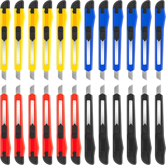 DIYSELF 24Pack Box Cutters (9MM Wide Blade Cutter) Utility Knife Box Cutter Retractable, Compact, Extended Use for Heavy Duty Office, Home, Arts Crafts, Hobby(Mix)