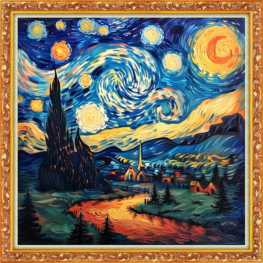 Hopeart Stamped Cross Stitch Kits for Beginner Embroidery Kits for Beginners Adults DIY 11CT Cross Stitch Patterns Needlepoint Kits Crossstitching Kits-Van Gogh's Starry Night Home 18x18 inch