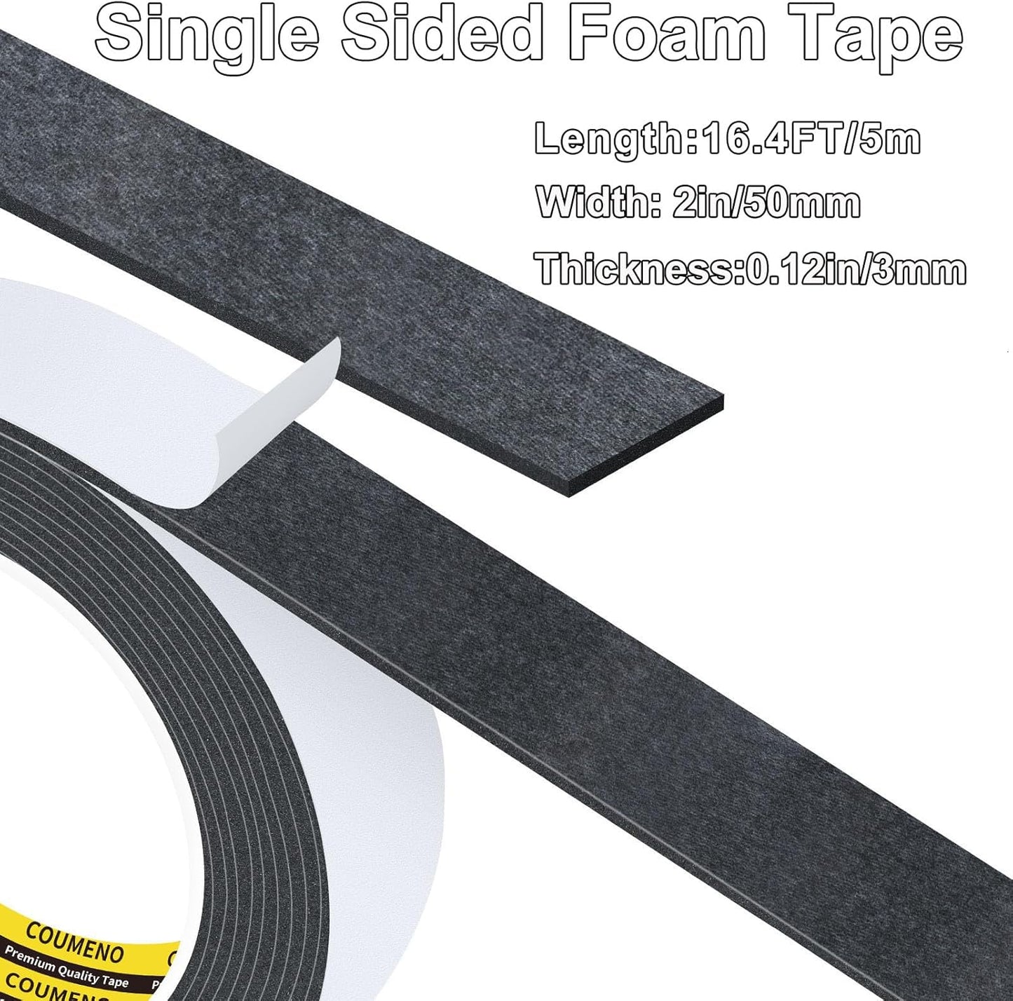 EVA Single-Sided Adhesive Black Foam Tape,2inx16.4FT Single-Sided Sealing Strip Foam Pad Sponge Tape Window Weatherproof, Self-Adhesive Insulation Sealing Tape (Black)