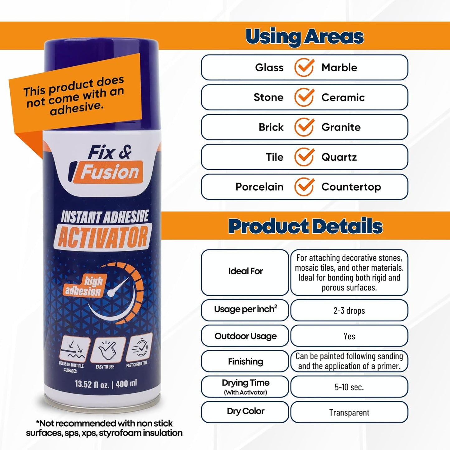 FIX & FUSION Activator Spray (13.5 Fl Oz), Instant Cure Accelerator for Cyanoacrylate (CA) Super Glue for Wood, Plastic, Rubber, Granite, and DIY & Professional, Accelerates Bonding Strength, (1 Pack)