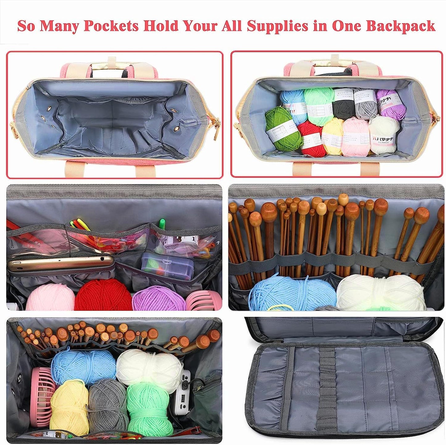 Crochet Backpack,Knitting Bag Backpack Yarn Storage Organizer Travel Crochet Bag with USB Charging Port,Yarn Storage Tote Bag Yarn Holder Case for Knitting Needles,Crochet Hooks,Crochet Accessories