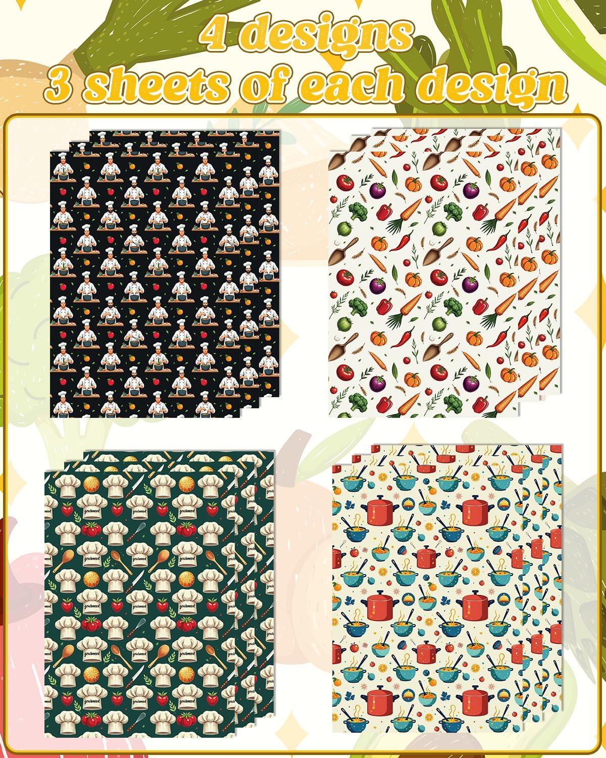 Pineraap 12 Sheets Chef Cooking Wrapping Paper, Vegetable Cooking Theme Gift Wrap Paper for Baker, Tomato, Chef Design Folded Flat Art Paper for Birthday, Kitchen Gifts, DIY Crafts, 19.7 x 27.6 Inch