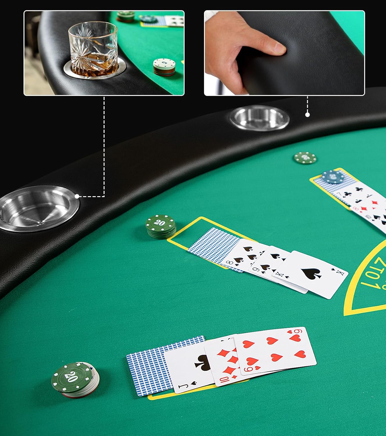 Foldable 7 Players Poker Table for Blackjack, Texas Hold'em Table with Stainless Steel Cup Holder, Casino Leisure Table for Card Games, Dominoes, Board Games,Green Speed Felt