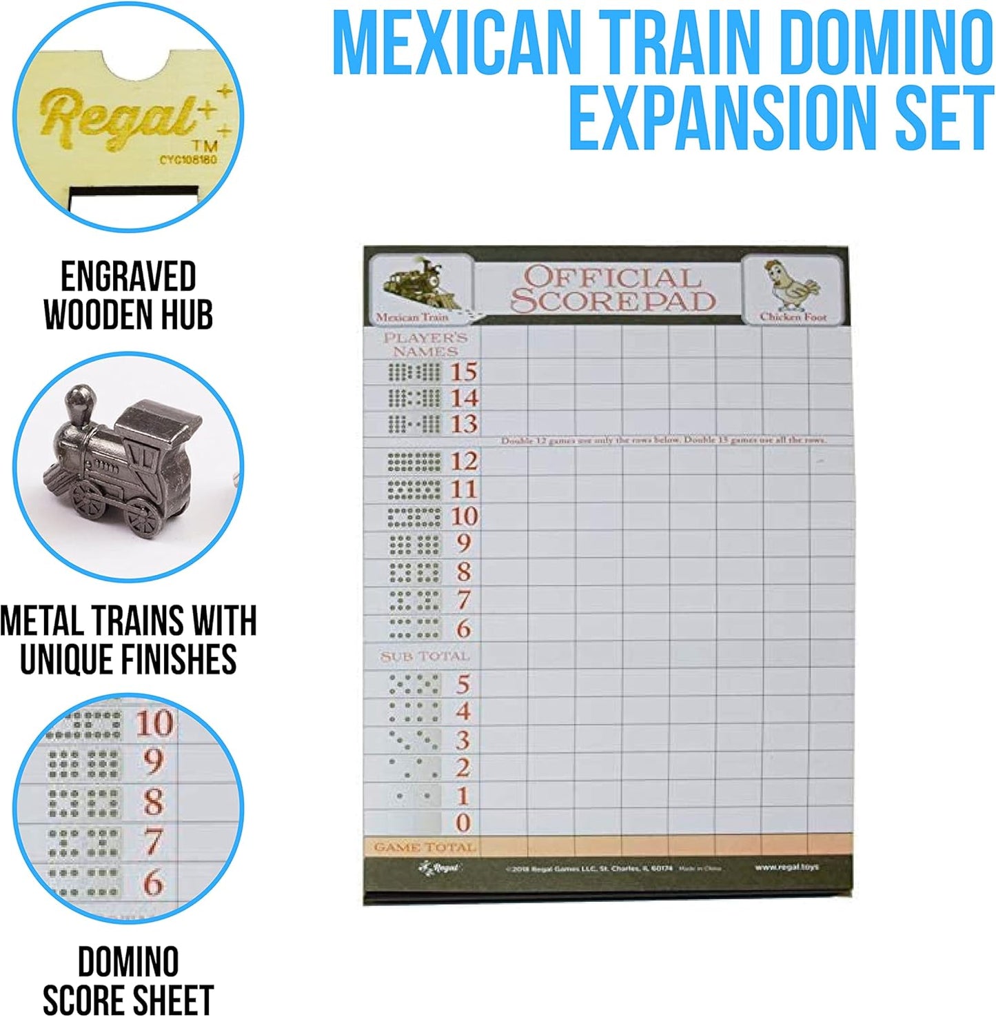 Regal Games Mexican Train Domino Expansion Set - 8 Metal Marker Trains with Unique Finishes - Replacement Wooden Hub - Scoresheet