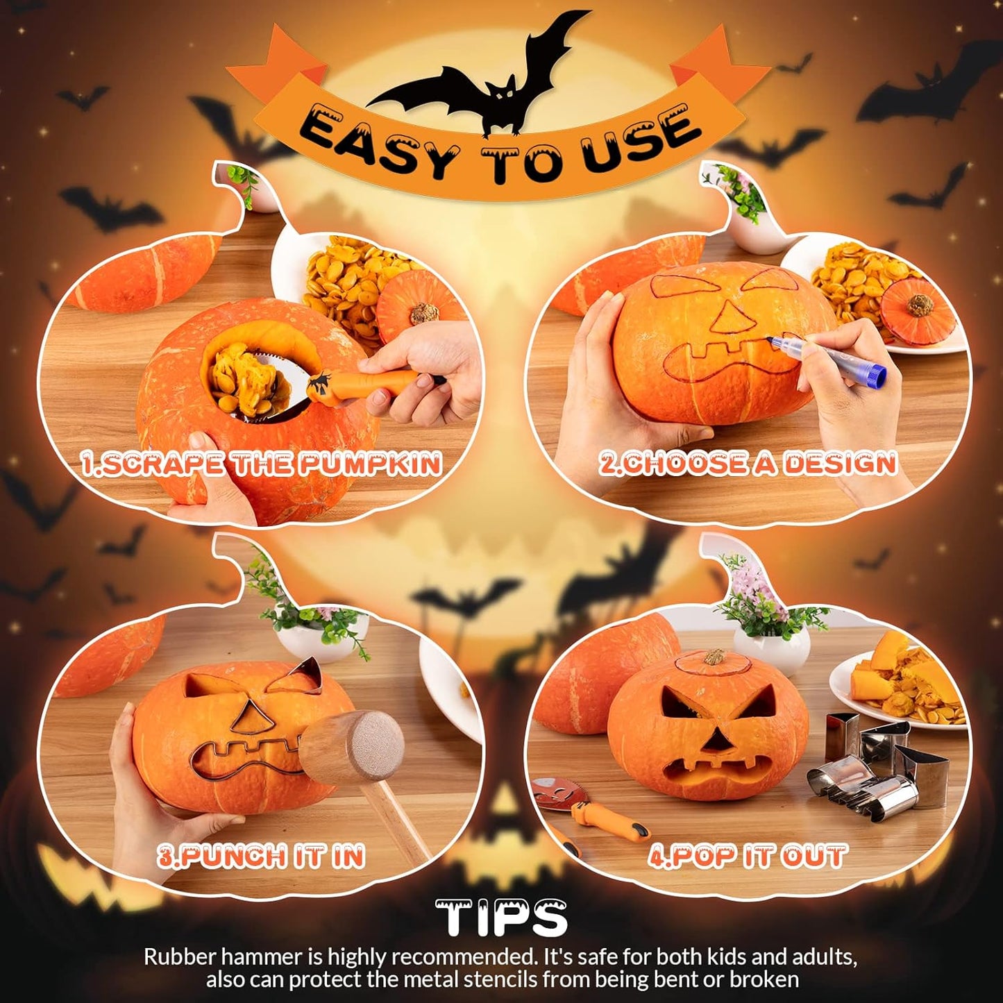 Pumpkin Carving Kit Halloween, Safe and Easy Pumpkin Carving Set for Kids, DIY Stainless Steel Pumpkin Carving Tools for Halloween Decoration Jack-O-Lanterns, Gift for Halloween(With Hammer)
