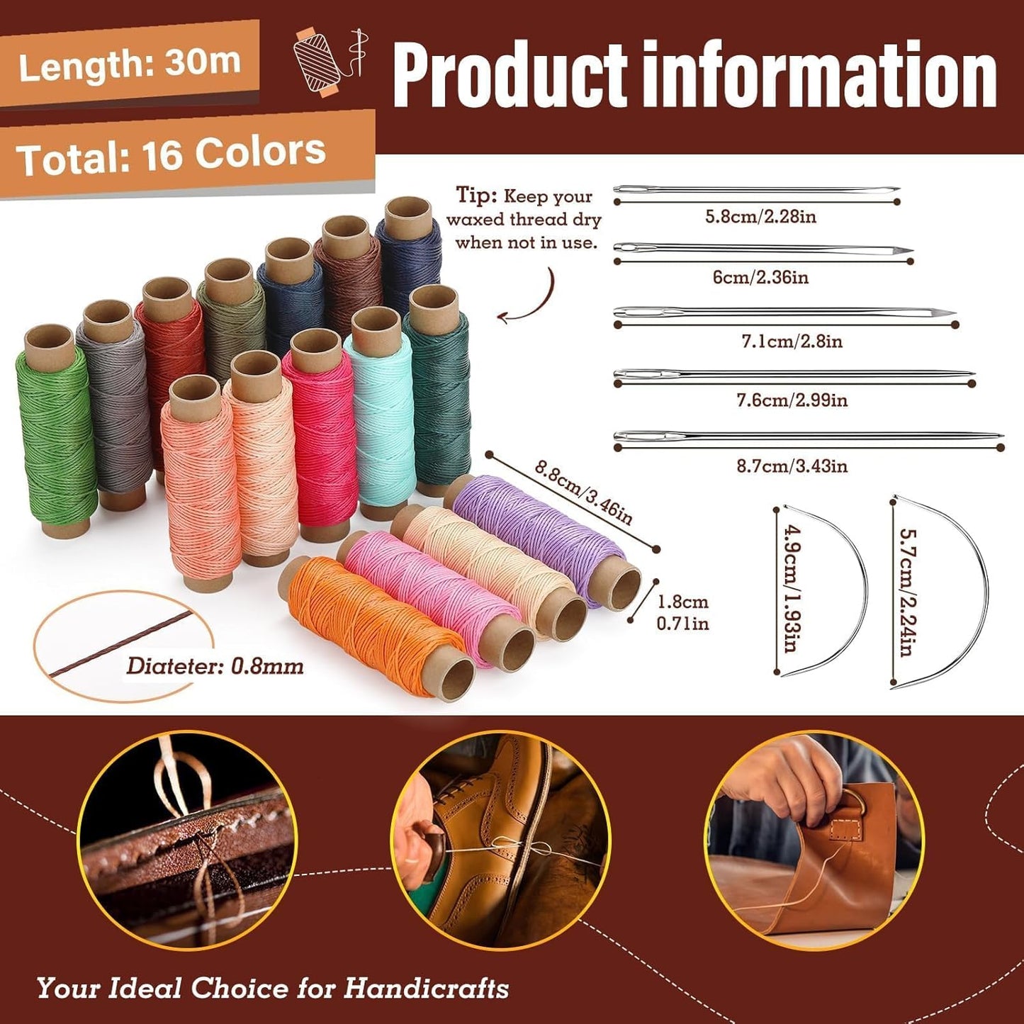 0.8 mm Leather Sewing Thread, 16 Colors 32 Yards Waxed Thread, Round Waxed Thread,Wax String for Bracelet Making, Sewing Stitching, Bookbinding, Braiding, Beading