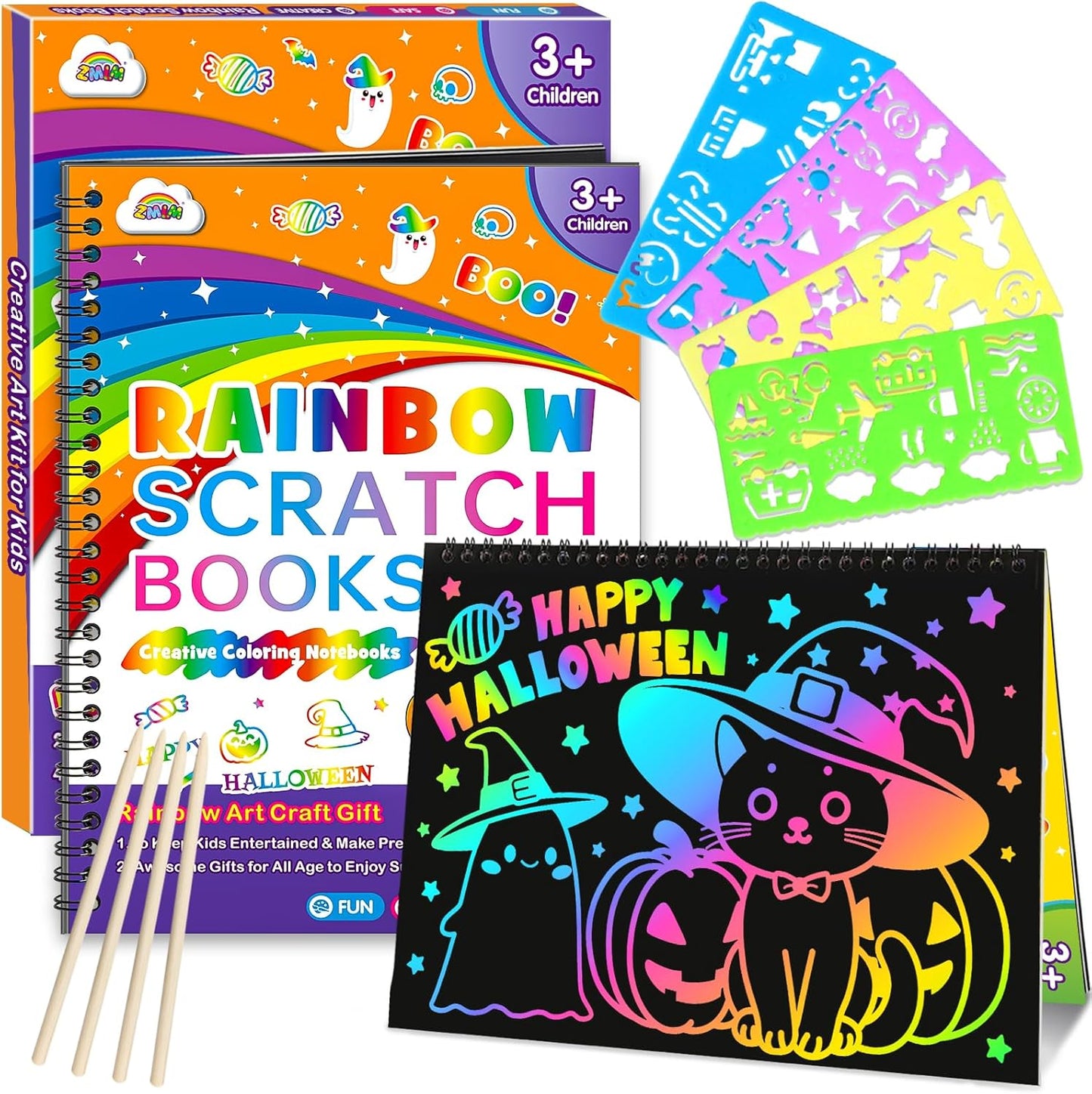 ZMLM Scratch Paper Art Craft: 2 Pack Rainbow Scratch Set for 3 4 5 6 7 8 9 10 Years Old Girls Boys Students Drawing Coloring Black Magic Art Supplies Kits Gifts School Birthday Party Toys(Halloween)